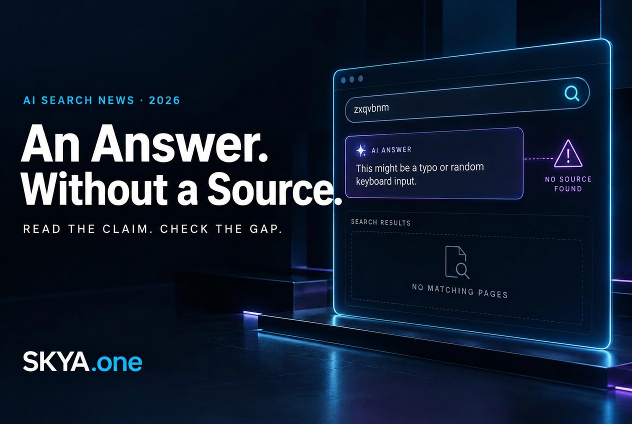 An Answer. Without a Source. SKYA editorial illustration of a nonsense query, cautious AI reply and no matching pages