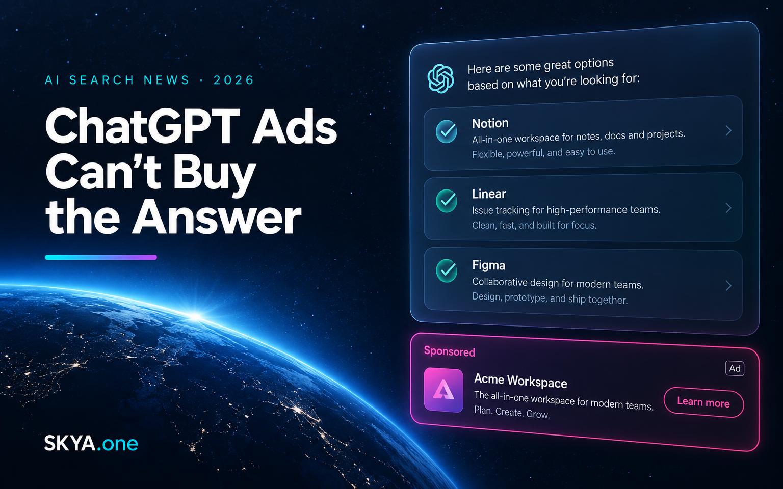 ChatGPT Ads Can't Buy the Answer. SKYA editorial cover with an AI answer card kept apart from a sponsored ad