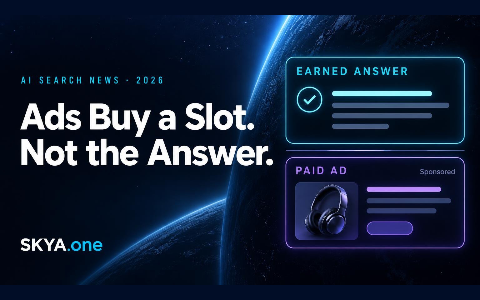 Ads Buy a Slot. Not the Answer. SKYA editorial cover separating a cyan earned answer panel from a violet paid ad panel