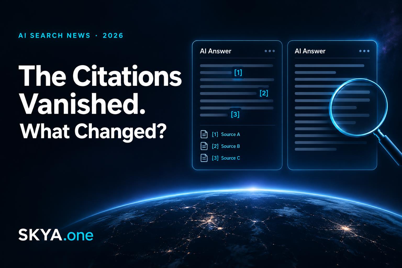 The Citations Vanished. What Changed? SKYA editorial cover comparing linked and unlinked AI answers