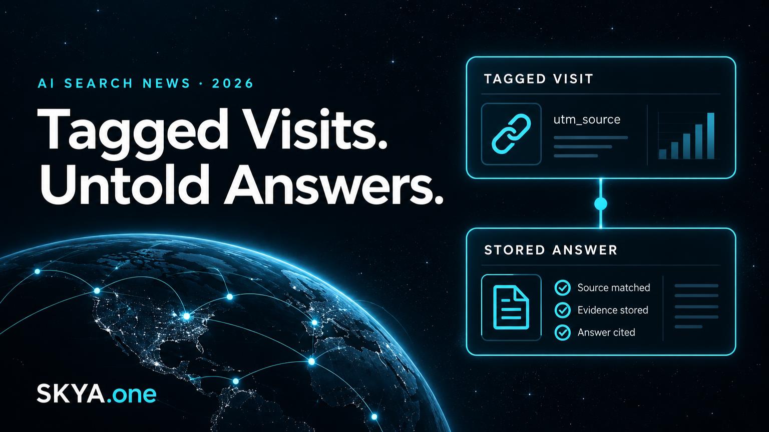 Tagged Visits. Untold Answers. SKYA editorial cover connecting a cyan outlined tagged visit analytics panel with stored answer evidence