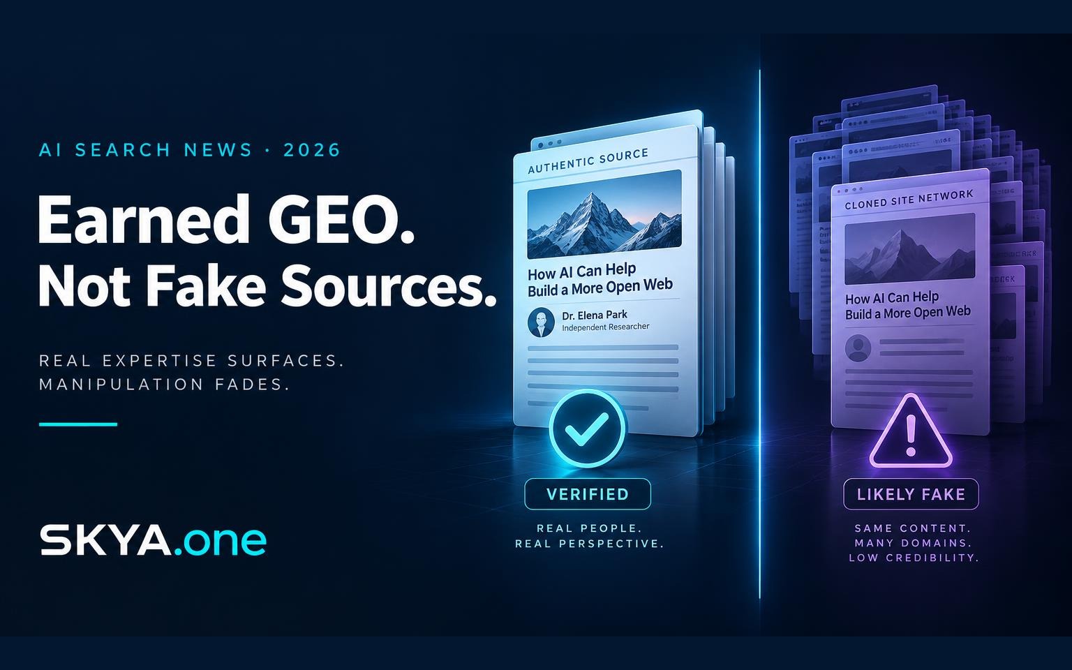 Earned GEO. Not Fake Sources. SKYA editorial cover contrasting a cyan verified authentic source with a violet cloned site network