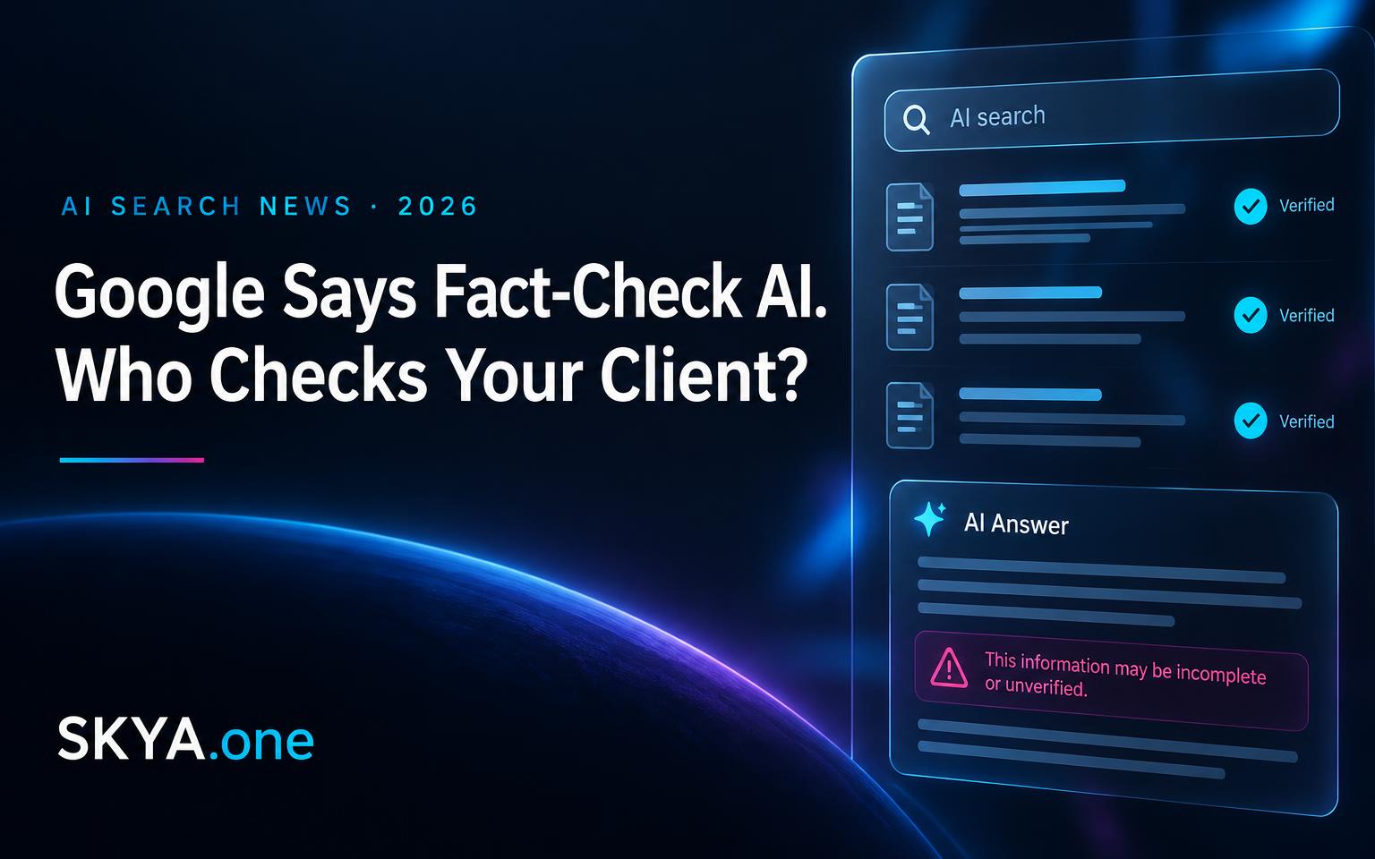 Google Says Fact-Check AI. Who Checks Your Client? SKYA editorial cover with verified documents and an AI answer warning