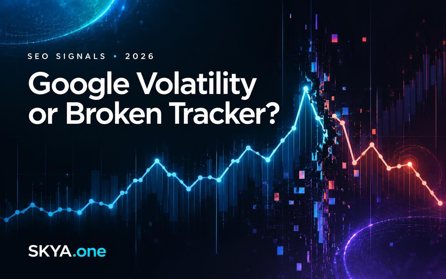 Google search volatility chart splitting into a broken rank-tracking signal, SKYA editorial cover