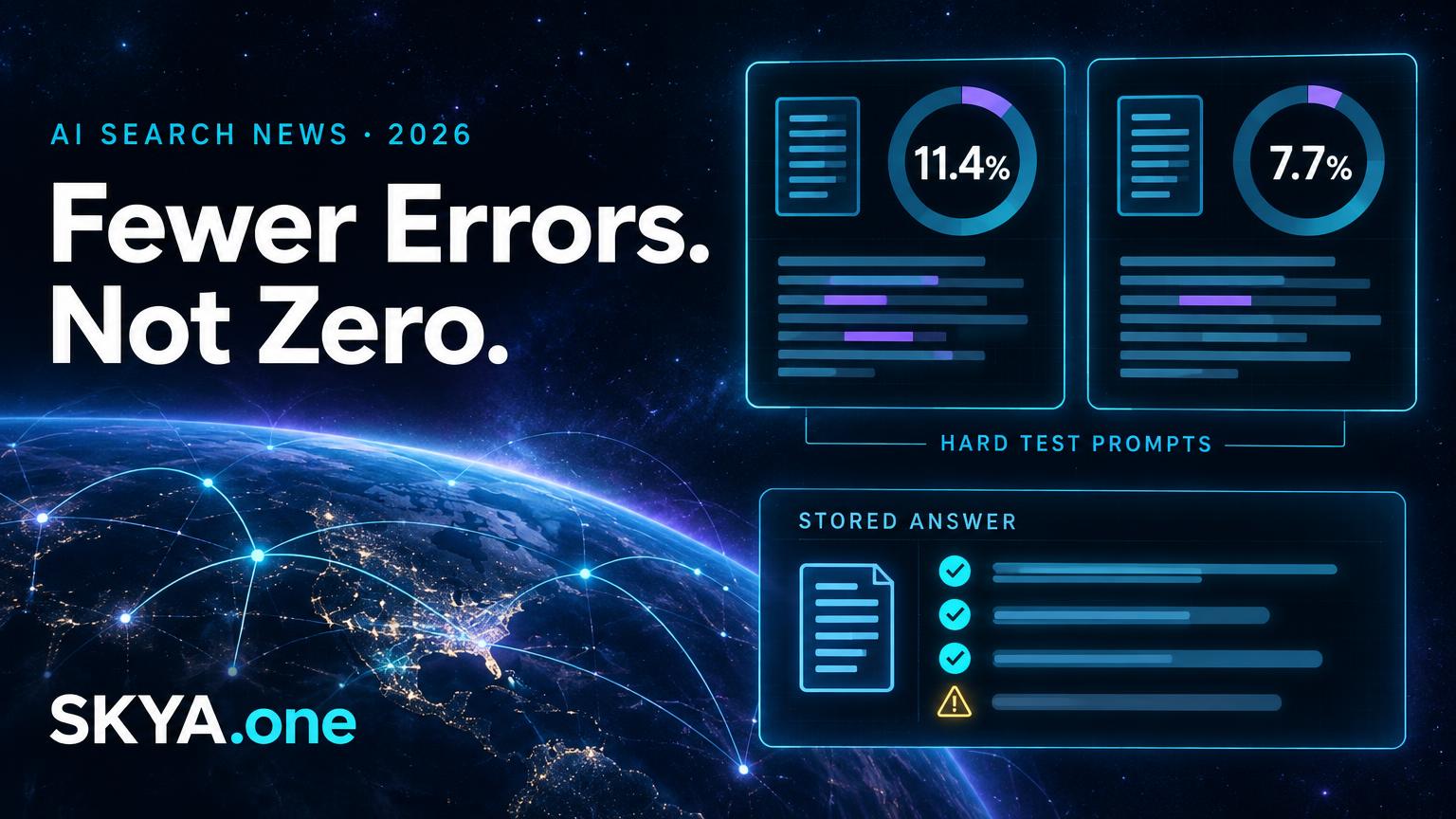 Fewer Errors. Not Zero. SKYA editorial cover comparing 11.4% and 7.7% factual error rates on hard test prompts with stored answer evidence