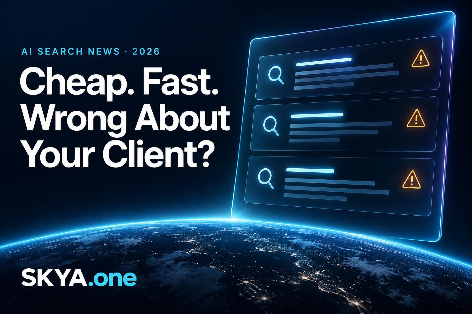 Cheap. Fast. Wrong About Your Client? SKYA editorial cover with cyan outlined AI answer evidence panels