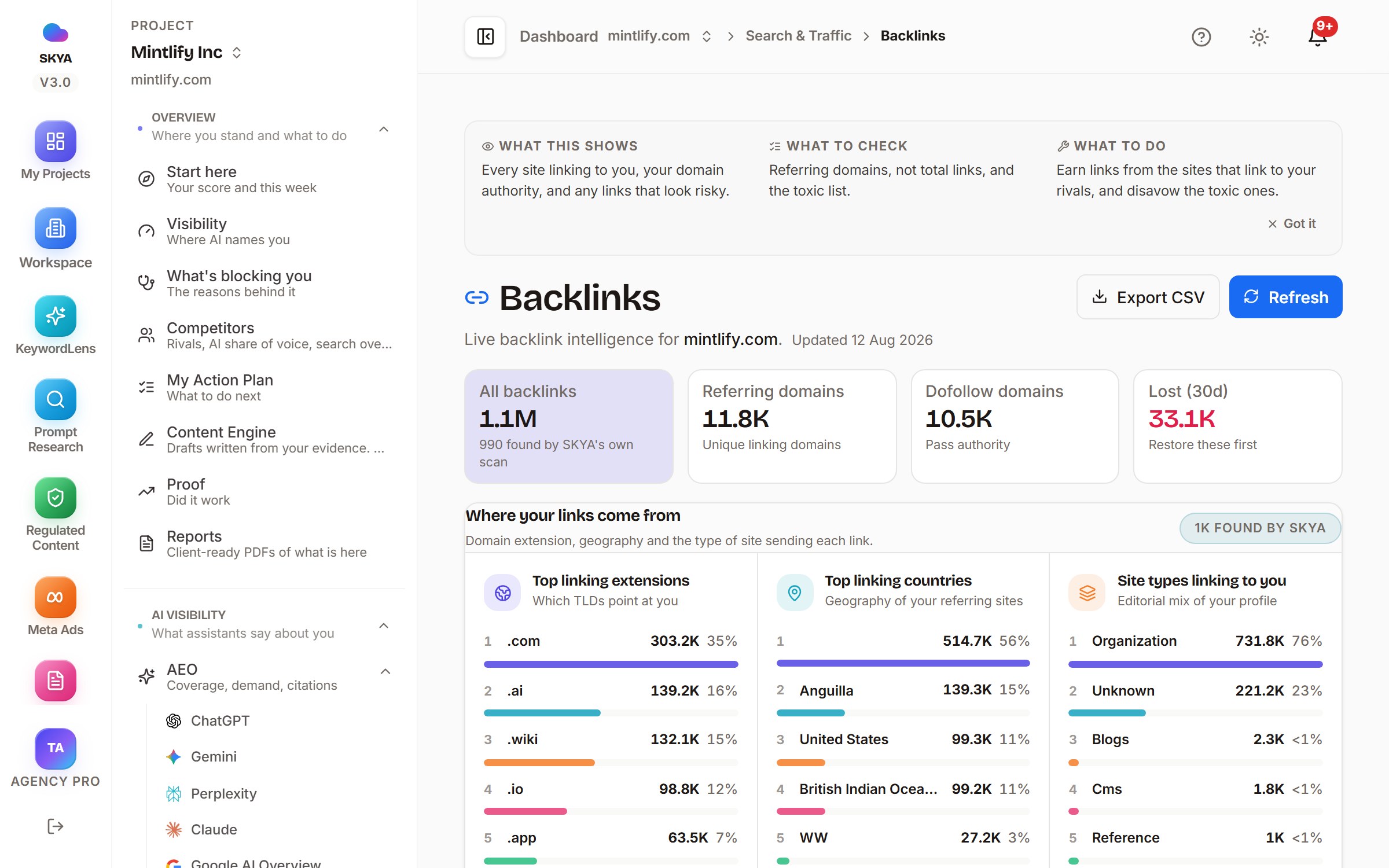 SKYA backlinks page showing referring domains, dofollow domains and where links come from