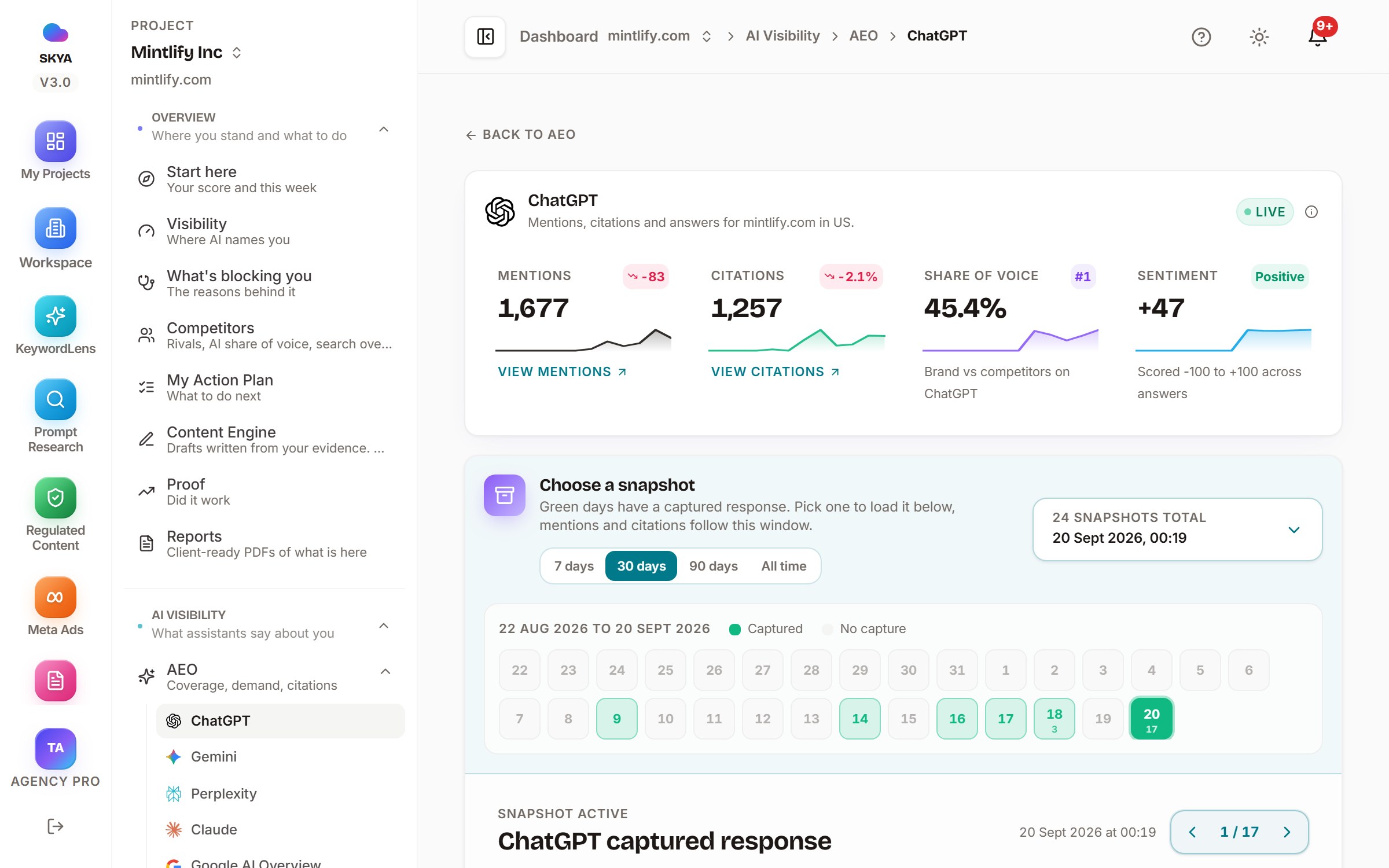 SKYA ChatGPT engine page with a captured answer snapshot and a day-by-day capture calendar