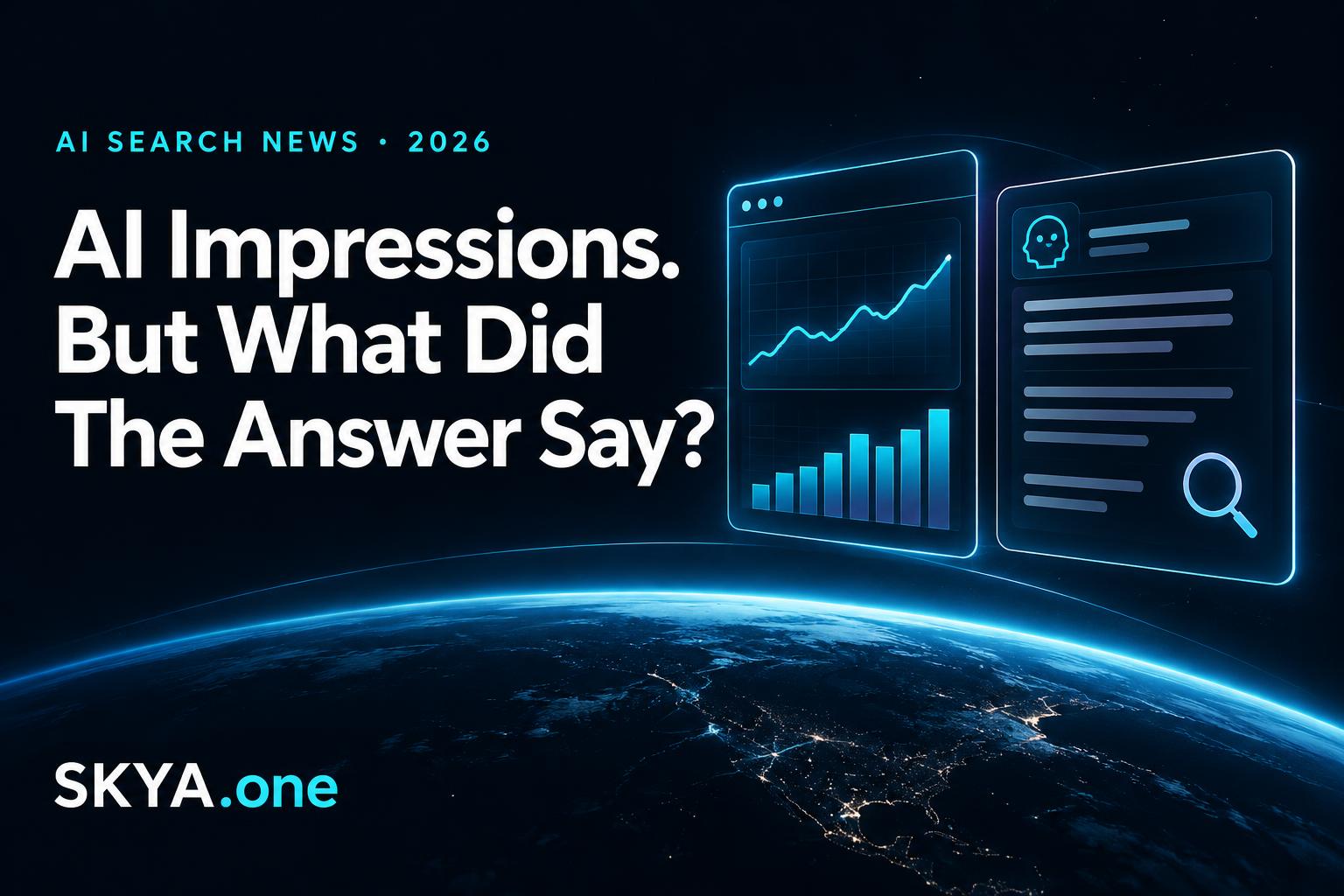 AI Impressions. But What Did The Answer Say? SKYA editorial cover with cyan outlined analytics and stored answer panels