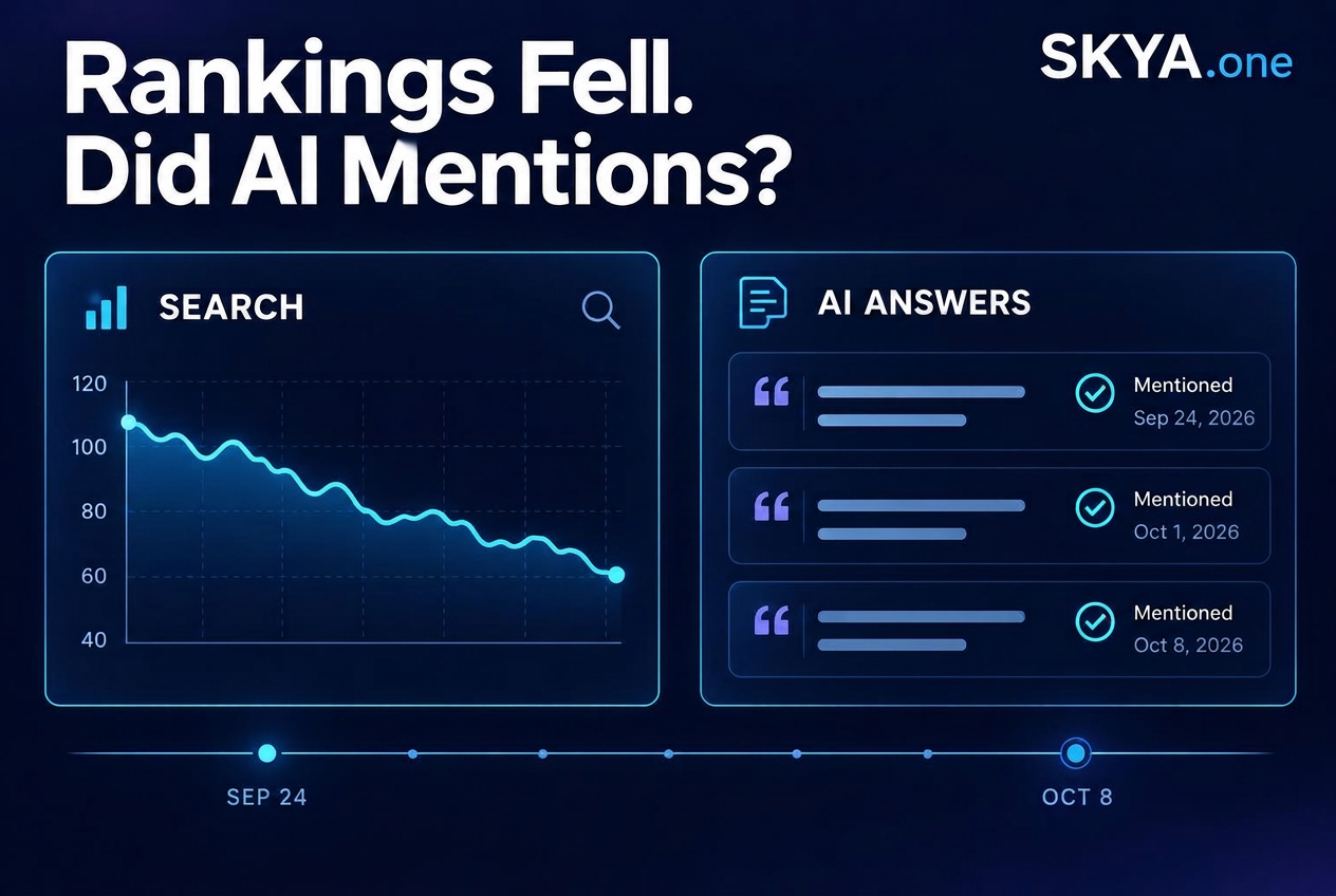 Rankings Fell. Did AI Mentions? SKYA editorial illustration comparing search rankings with dated AI answer evidence